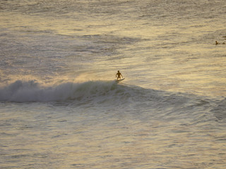Surfers riding waves during sunset session at a surfer spot in Bali, Indonesia Uluwato, Bingin