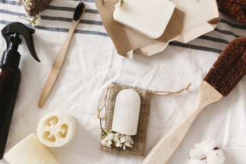 natural eco luffa, bamboo toothbrush, brush, coconut soap, handmade detergent and crystal deodorant...