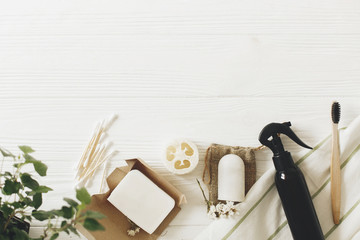 zero waste concept, sustainable lifestyle flat lay. natural eco bamboo toothbrush, coconut soap,...