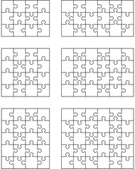 Vector illustration of six different white puzzles, separate pieces