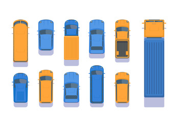 Set of different types of transport. Top aerial view illustration. City car, pick up, SUV, bus, lorry, heavy truck, van, microbus.