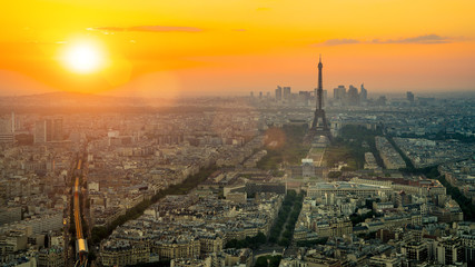 Fototapeta na wymiar The eiffel tower in Paris aerial panorama at sunset
