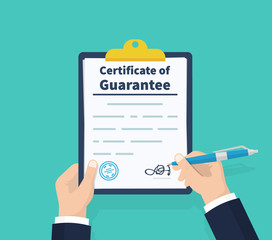 Man writes certificate of guarantee, certificate concept. Holding the clipboard and pen in hand. Paperwork, sheets in folder. Vector illustration flat design. Isolated on green background.