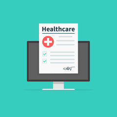 Healthcare and medical exams and online consultation concept. Clinical record, prescription, claim, medical check marks report, health insurance concepts. Premium quality. Vector illustration.