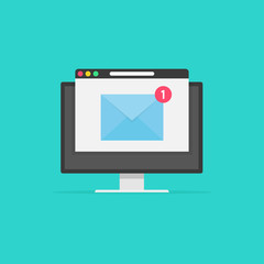 New email on computer screen, e-mail envelope with notification received and browser, idea of newsletter message, electronic mail, vector illustration.