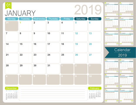 English calendar 2019 / English calendar planner for year 2019, week starts on Monday, set of 12 months January - December, simple calendar template, desk planning calendar, vector illustration