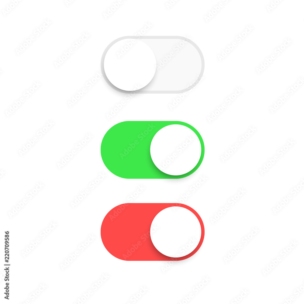 Poster realistic switch toggle buttons, set or tree sliders in on and off position vector illustration.