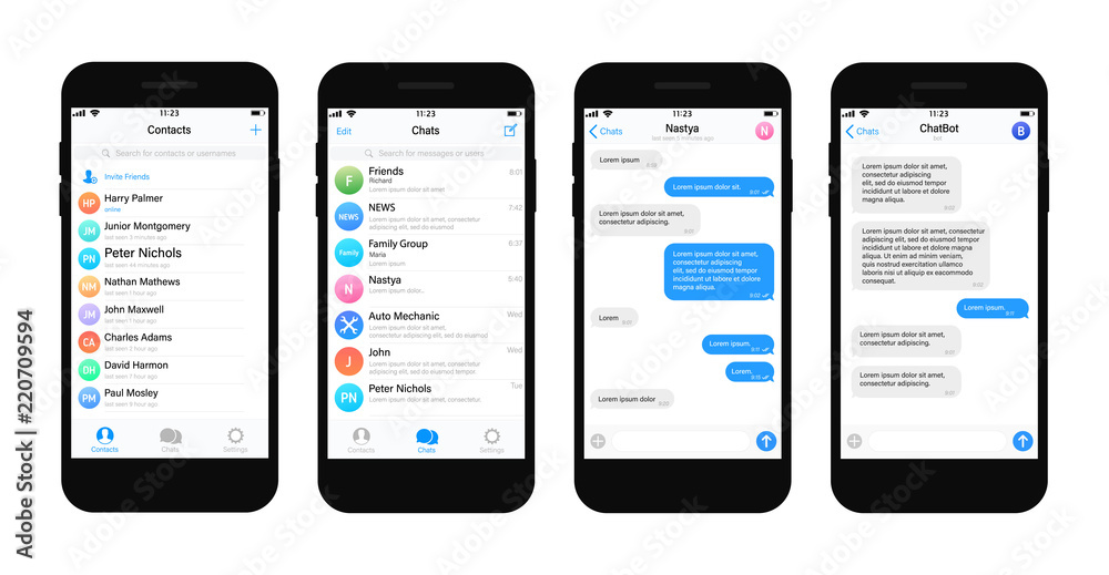 Wall mural realistic mobile messaging app messenger concept. mockup in minimalist smart phone screen. template 
