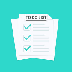 To do list or planning concept. Paper sheets with check marks icon, all tasks are completed. Abstract text and marker. Vector illustration.