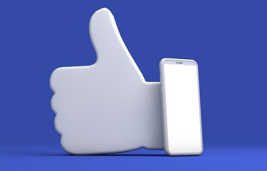 Black smartphone screen with thumbs up symbol. 3D Rendering