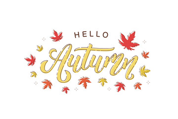 Vector realistic isolated Hello Autumn typography logo with thin line art design with red and orange maple and oak leaves for decoration and covering on the white background. Concept of Happy Autumn.