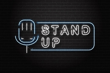 Fototapeta na wymiar Vector realistic isolated neon sign of stand up logo for decoration and covering on the wall background. Concept of comedy show and perfomance.