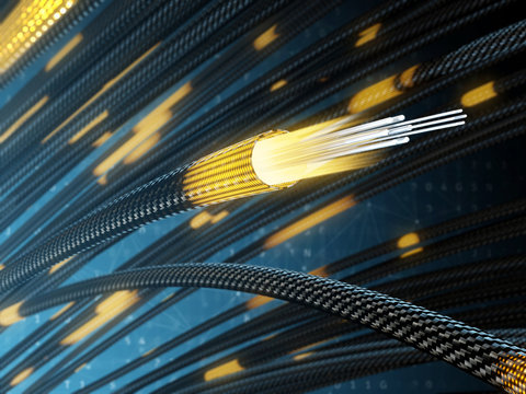 Light from fiber optic cable. 3d illustration.