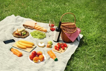 Light filtering roller blinds Picnic Wicker basket and food on blanket in park. Summer picnic