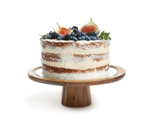 Delicious homemade cake with fresh berries on white background