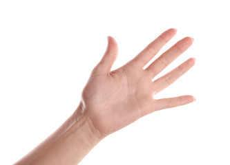 Woman giving high five on white background, closeup