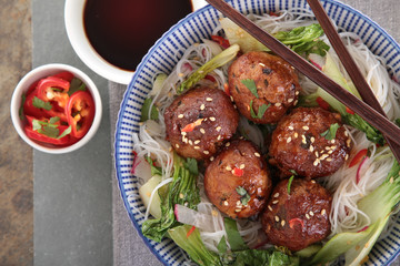 chinese yuksum balls with noodles