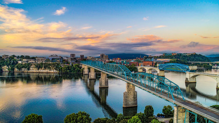 Drone Aerial View of Downtown Chattanooga Tennessee and Tennessee River