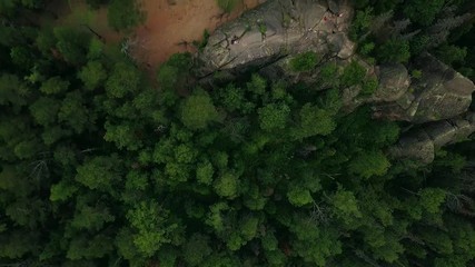 Top view of unique rock sculptures at Krasnoyarsk national park drone footage