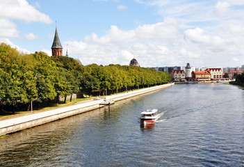 Russia, Kaliningrad. View of the sights of the Cathedral and the fishing village. Autumn 2018.