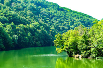 Fototapeta na wymiar Hamori Lake in Lillafured, Hungary on a sunny day