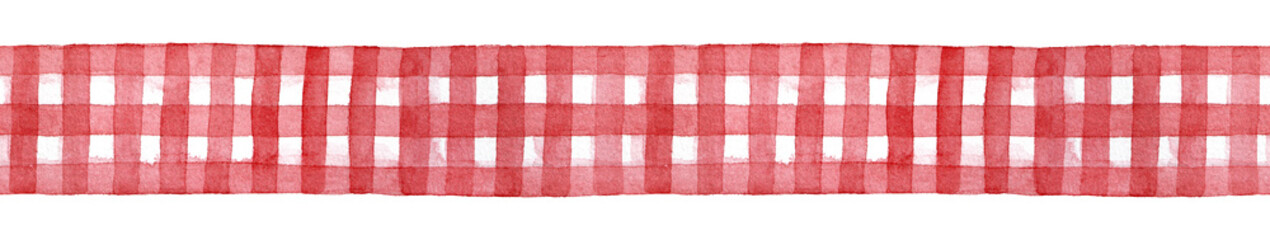 Red and white checkered gingham ribbon, decorative seamless template. Cute country style traditional element for design, craft, home decor. Hand drawn watercolour graphic illustration, cutout clipart.