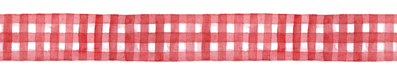 Red and white checkered gingham ribbon, decorative seamless template. Cute country style traditional element for design, craft, home decor. Hand drawn watercolour graphic illustration, cutout clipart.