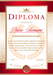 Diploma in the official, solemn, elegant, Royal style in red and gold tones, with the image of the crown(horizontal format)