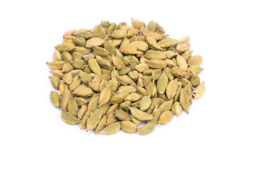 Pile of green Cardamom, cardamon or cardamum  isolated on white background (dried fruits of Elettaria cardamomum)