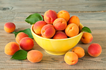 Ripe apricot fruits in a yellow ceramic bowl on a wooden table. Harvest of fruits of apricot tree.
