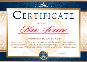 certificate in the official, solemn, elegant, Royal style in blue and gold tones, with the image of the crown
