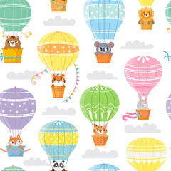 Behang Dieren met ballon Naadloze patroon met kleurrijke heteluchtballonnen en grappige dieren. Vector illustratie.