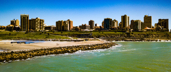 Sky view of Mar del Plata Argentina &ndash; high resolution drone photo of the Argentinian coast and downtown area of Mar del Plata Casino Central in spring time.  Buenos Aires Capital Federal district  