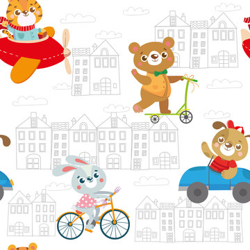 Seamless pattern with funny animals. Kids transport.Dog, tiger, rabbit, bear. Vector illustration on white background