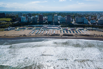 Sky view of Mar del Plata Argentina – high resolution drone photo of the Argentinian coast and downtown area of Mar del Plata Casino Central in spring time.  Buenos Aires Capital Federal district  