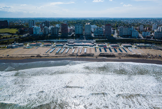 Sky view of Mar del Plata Argentina – high resolution drone photo of the Argentinian coast and downtown area of Mar del Plata Casino Central in spring time.  Buenos Aires Capital Federal district  