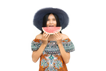 portrait of beautiful asian woman with watermelon isolated on white background. summer and vacations