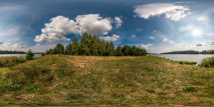 full seamless spherical panorama 360 by 180 angle view on the shore of width river neman in sunny summer day in equirectangular projection, skybox VR virtual reality content