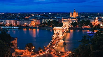 The Széchenyi Chain Bridge and the Danube river at night from the Buda castle Budapest, Hungary