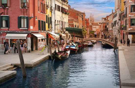 Charming inner canal street in Venice, Italy