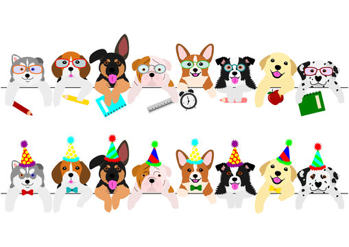 cute pups border set, with school items and with party hats and ties