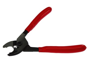 Combined wire cutting pliers with opened jaws, red rubberised handles, on white background