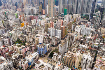 Fototapeta na wymiar Aerial view of compct city in Hong Kong