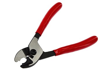 Obraz premium Medum sized cable cutting combination pliers with red handle, jaws half opened, white background.