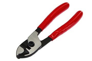 Cable cutting combination pliers with red insulated handle on white background