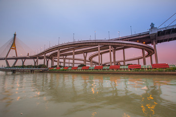 Fototapeta na wymiar Bhumibol Bridge in Thailand, also known as the Industrial Ring Road Bridge, in Thailand. The bridge crosses the Chao Phraya River twice.