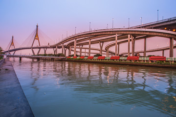 Obraz na płótnie Canvas Bhumibol Bridge in Thailand, also known as the Industrial Ring Road Bridge, in Thailand. The bridge crosses the Chao Phraya River twice.