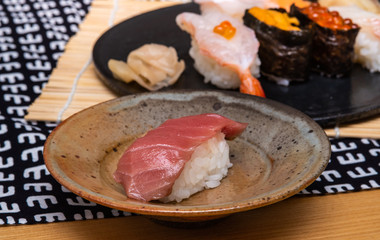 medium fatty tuna sushi in a plate close-up