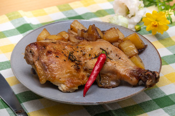 Herbs de Provence grilled Chicken with roasted potatoes and red chili pepper