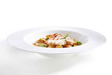 Cream potato with pork slices